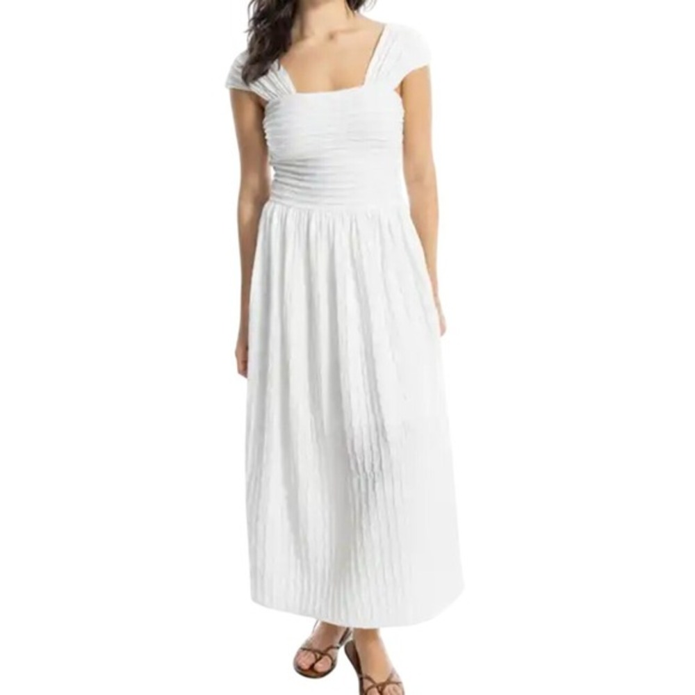 Max Studio London White Midi‎ Dress Women's L Textured Smocked Sundress Resort